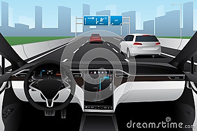 Self driving car on a road. Autonomous vehicle. Vector Illustration